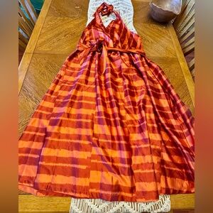 Orange and Black Sleeveless Halter Wrap Dress